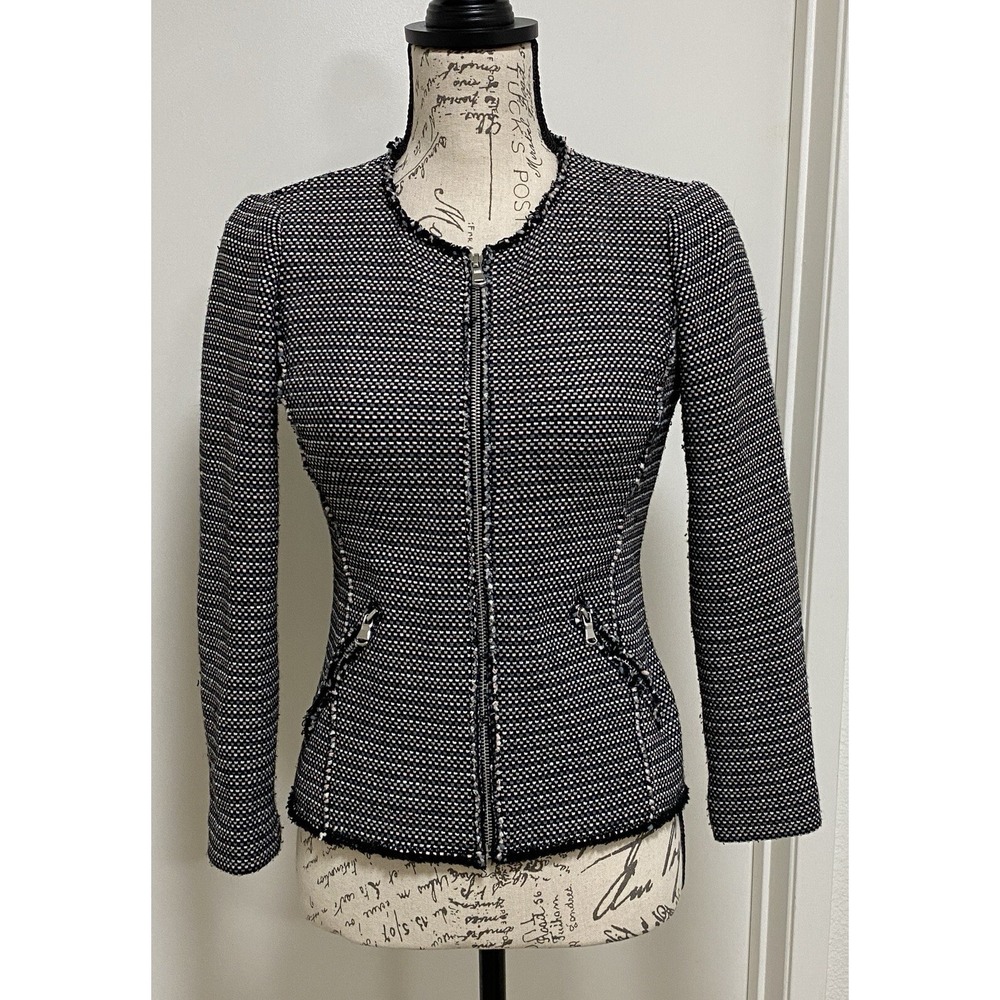 Rebecca Taylor Black White Tweed Zip Front Jacket Fringe 0 Career Business